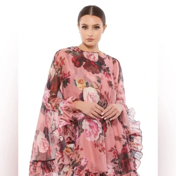 Mac Duggal 55404 Size 0 Pink Floral Print High Neck Ruffle Hem Cape Mini Dress - Picture 3 of 7